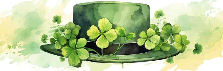 St. Patrick's Day holiday concept. Green hat with clover on green background - obrazy, fototapety, plakaty
