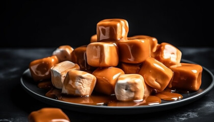 Fototapeta premium Indulgent homemade dessert dark chocolate caramel fudge with hazelnut generated by AI
