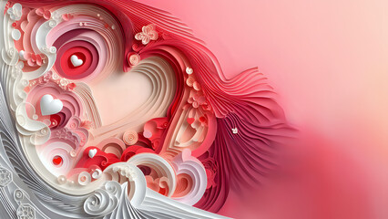 a greeting card for a wedding or Valentine's Day, made of paper ribbons using the quilling technique.