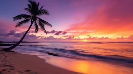 Fototapeta na wymiar Breathtaking view of sunset at tropical beach with palm silhouette