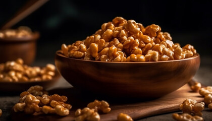 Obraz premium Fresh organic fruit and nut snack in a wooden bowl generated by AI