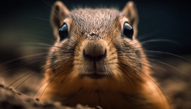 Cute small mammal, fluffy fur, close up portrait of a rat   generated by AI