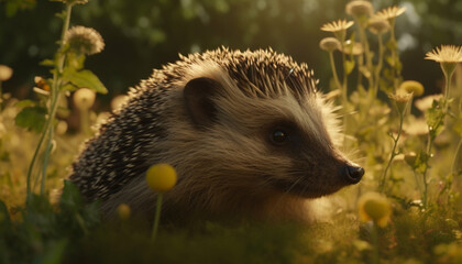 Fototapeta premium Cute hedgehog in the wild, outdoors, looking at camera generated by AI
