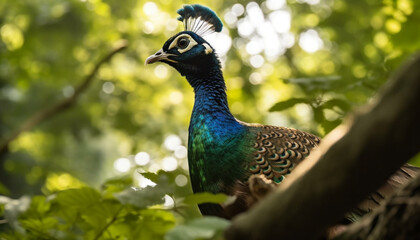 Obraz premium A vibrant peacock displays its majestic beauty in the wild generated by AI