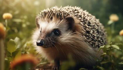 Fototapeta premium Cute hedgehog looking at camera in green grass outdoors generated by AI