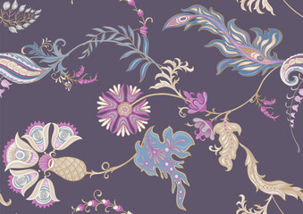 Fantasy flowers in retro, vintage, jacobean embroidery style. Seamless pattern, background. Vector illustration.