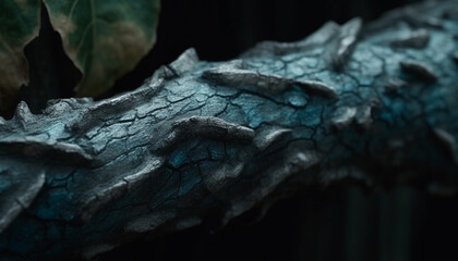 Close up of a wet leaf on a dark forest background generated by AI