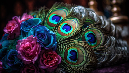 Fototapeta na wymiar Multi colored peacock feather, beauty in nature, vibrant blue decoration generated by AI