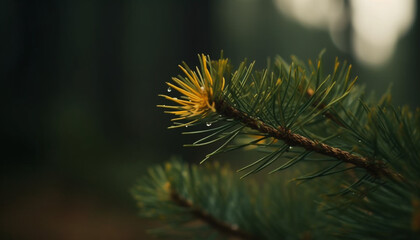 Fresh green pine tree branch in the forest, close up nature generated by AI
