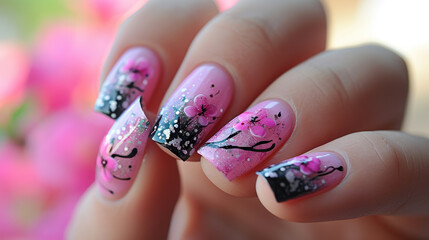 Closeup of creative painted nails, manicure beauty studio concept design - obrazy, fototapety, plakaty