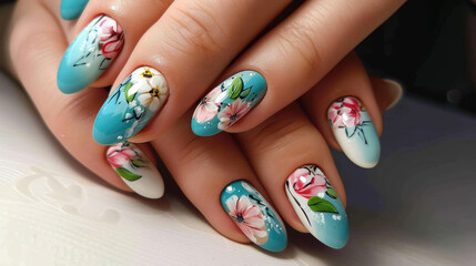 Closeup of creative painted nails, manicure beauty studio concept design - obrazy, fototapety, plakaty