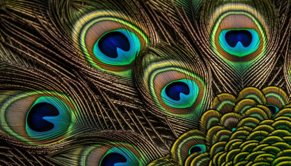 Vibrant colored peacock feather showcases nature beauty in abstract elegance generated by AI