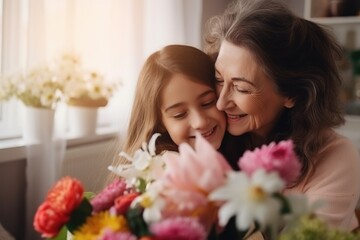 Mother and daughter embracing with flowers, affectionate.