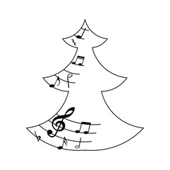 Music notes Christmas tree, festive winter musical silhouette, vector illustration.