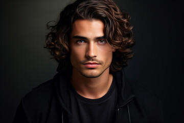 Young handsome man with long hair on dark studio background. Face of male model wearing black casual clothes. Concept of style, fashion, beauty, guy portrait, stylish hairstyle - obrazy, fototapety, plakaty