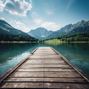Wooden dock with mountain range in the background and body of water. Generative AI. © Penatic Studio