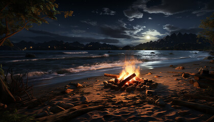 Glowing bonfire ignites nature beauty, heating the tranquil night generated by AI