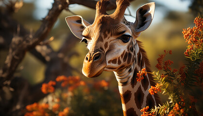 A cute giraffe in the African savannah, looking at camera generated by AI