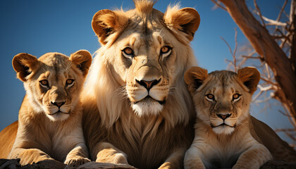 Majestic lioness and cub in African savannah, alert and focused generated by AI