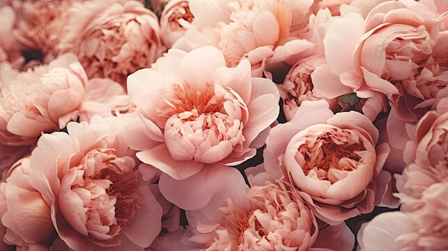 Close-up photo of Peach Fuzz peonies in the style of detailed background elements made of flowers
