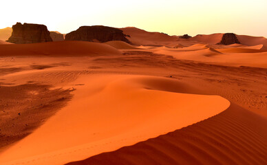 Fototapeta na wymiar Sahara desert, orange dunes. Holidays and travel in Algeria, morning light over the desert. Rocks in the background. Fine lines of sand dunes.