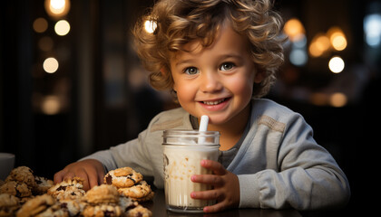 Naklejka premium Smiling child holding cookie, enjoying sweet food indoors generated by AI
