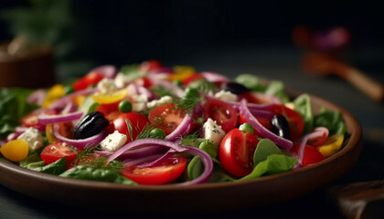 Fresh, healthy salad with tomato, onion, cucumber, and green olives generated by AI