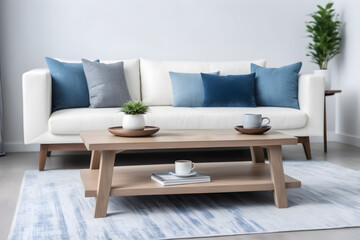 Minimalist interior design of modern living room in home. Close-up of a wooden accent coffee table near a white sofa with blue and gray pillows.