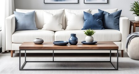 Minimalist interior design of modern living room in home. Close-up of a wooden accent coffee table near a white sofa with blue and gray pillows.