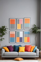 Interior design of a modern living room in the Scandinavian style, pop art. A gray sofa with...