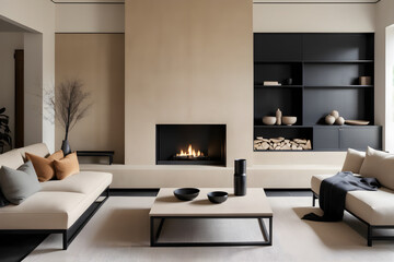Modern living room interior design in Japanese style. A beige room with a sofa, a black coffee table and a fireplace.