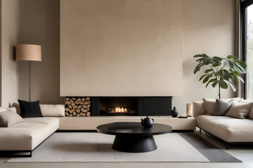 Modern living room interior design in Japanese style. A beige room with a sofa, a black coffee table and a fireplace.