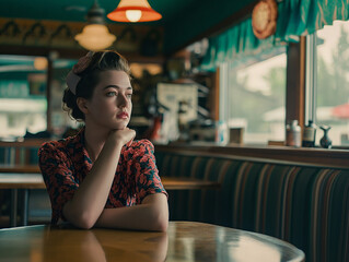 A woman sits at a restaurant table dressed in a diner uniform.