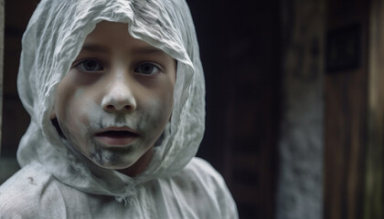 Sadness and fear in a spooky Halloween portrait of a child generated by AI