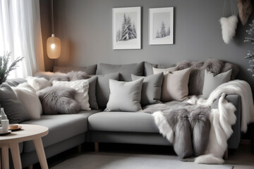 Fototapeta na wymiar Gray sofa with fur blanket and pillows. Warm and cozy winter atmosphere. Interior design of a modern living room in Scandinavian style