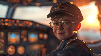 Portrait photos of children.  captain of a civilian airplane. wearing a standard captain's outfit with a hat. in a working environment with a Boeing cockpit in the background. smiling.