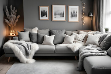 Gray sofa with fur blanket and pillows. Warm and cozy winter atmosphere. Interior design of a modern living room in Scandinavian style
