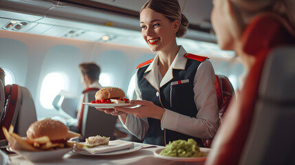 photo of a happy flight attendant wearing a uniform offers lunch to the passengers of the plane.