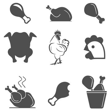Set of chickens vector element, chick, chicken, cock, cockerel, collection, countryside, cow, design, domestic, drawing, egg, farm, farming, feather, female, food, rooster, vector, cartoon, poultry