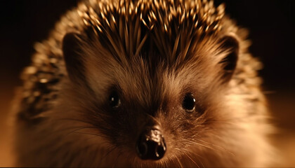 Naklejka premium Cute small hedgehog, furry and alert, looking at camera closely generated by AI