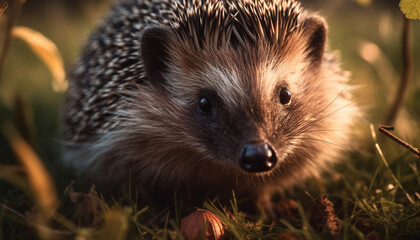 Fototapeta premium Cute hedgehog sitting in grass, looking at camera with alertness generated by AI