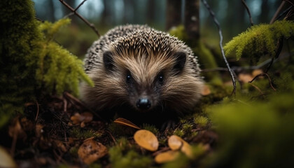 Naklejka na ściany i meble Cute hedgehog in the wild, looking at camera in forest generated by AI