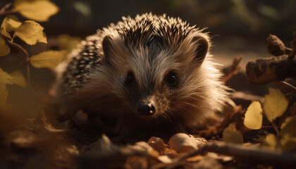 Naklejka premium Cute hedgehog in the wild, surrounded by autumn leaves and trees generated by AI