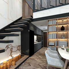 3d render loft apartment house interior