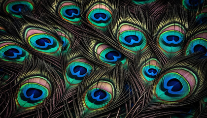 Vibrant peacock feather showcases nature elegance in multi colored pattern generated by AI