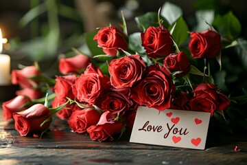 Note Love You in a romantic atmosphere with roses. Backdrop with selective focus and copy space