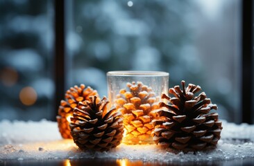 Cozy Winter Scene with Pine Cones and Candlelight