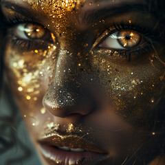 A close-up of a woman adorned with glitter on her face, exuding a goddess-like aura with golden shining eyes
