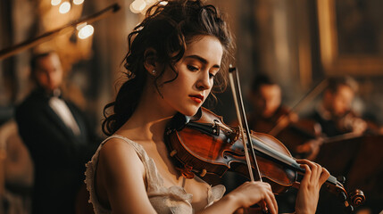 A woman with braided brown hair plays the violin with an orchestra - obrazy, fototapety, plakaty