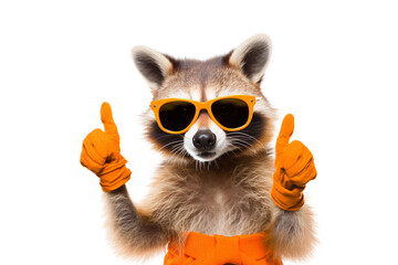 raccoon construction worker showing thumbs up - obrazy, fototapety, plakaty